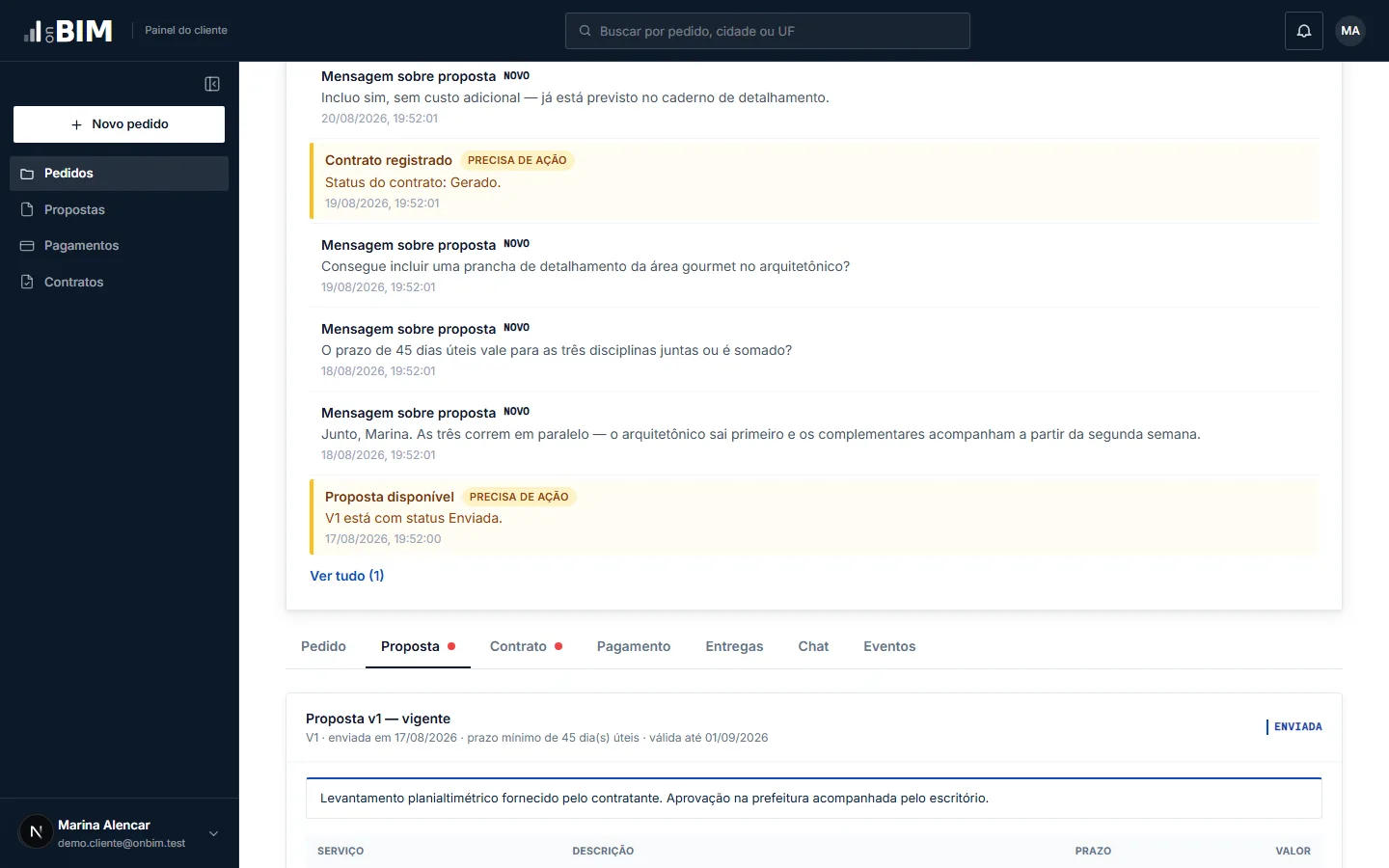Linha do tempo do pedido com mensagens sobre a proposta e avisos de contrato e entrega