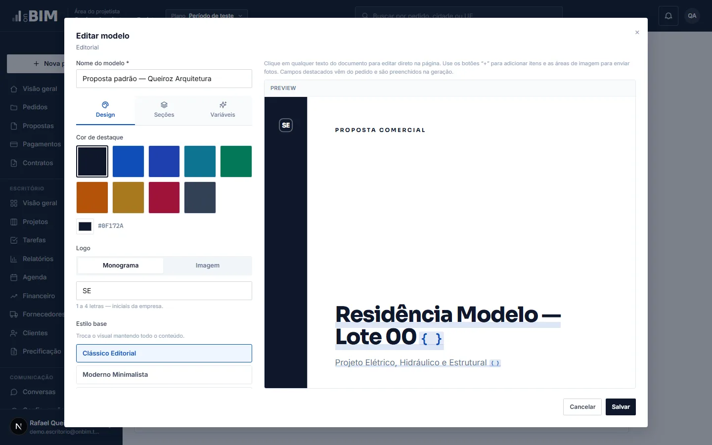 Editor de modelo de proposta com cor de destaque, logo e estilos de documento com a marca do escritório