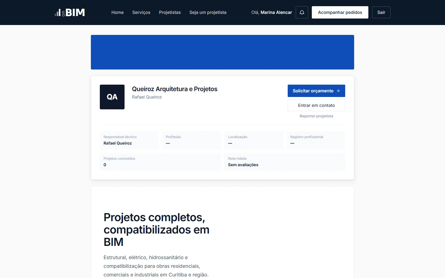 Página pública de um escritório publicada na onBIM, com perfil, botão de orçamento e apresentação