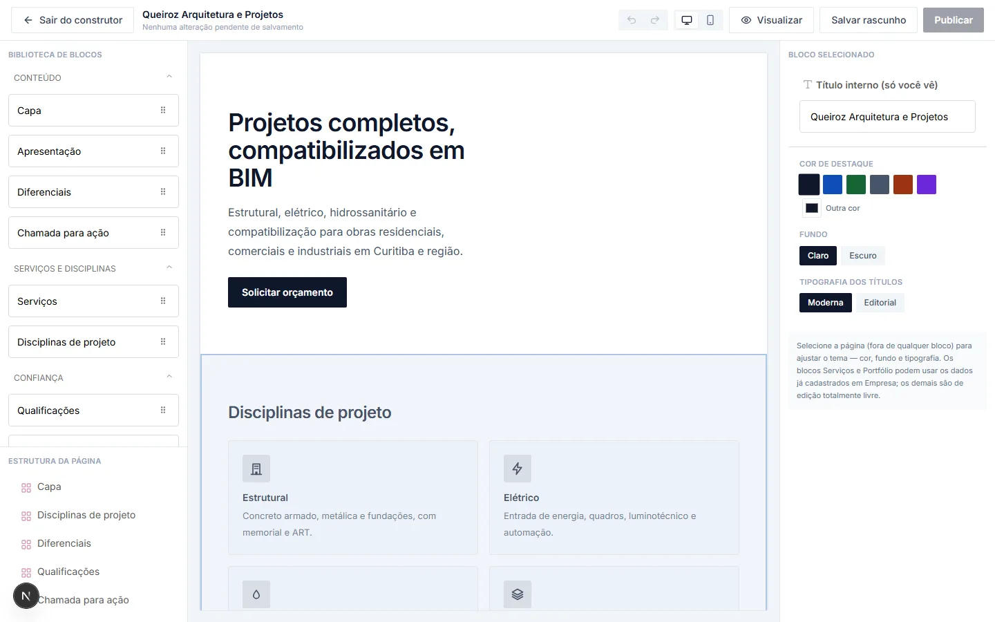 Construtor de página do escritório com blocos arrastáveis de capa, serviços, disciplinas e chamada para ação