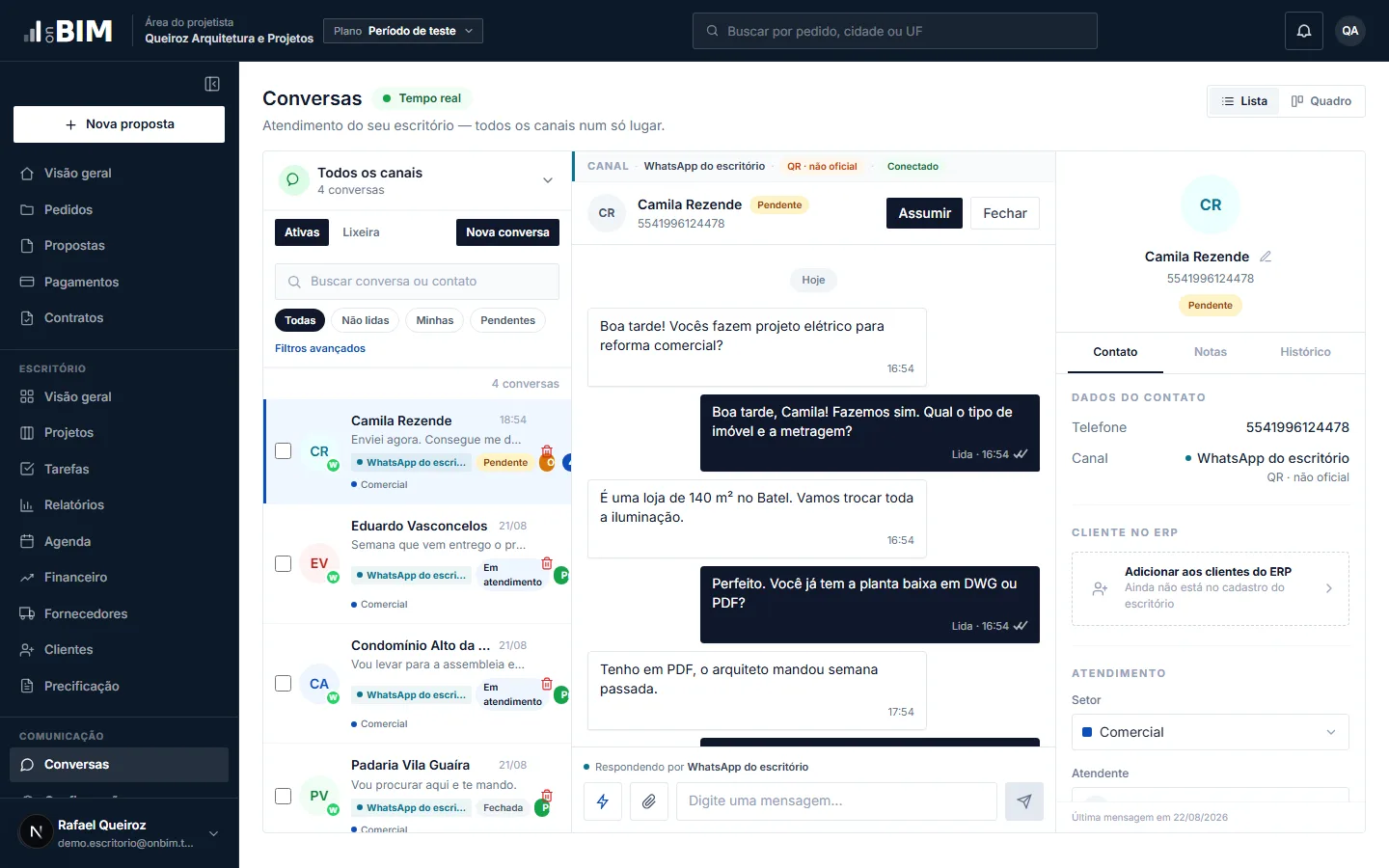 Inbox do escritório com conversas de WhatsApp em tempo real, filtros por status e dados do contato